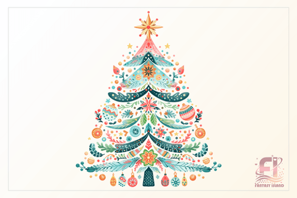 Boho Christmas Tree Watercolor Clipart for Digital Illustrations