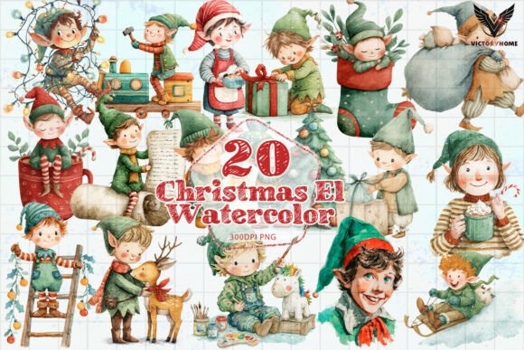 Christmas Elf Watercolor Clipart Set PNG Review