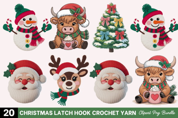 Christmas Latch Hook Crochet Yarn Bundle Illustrations
