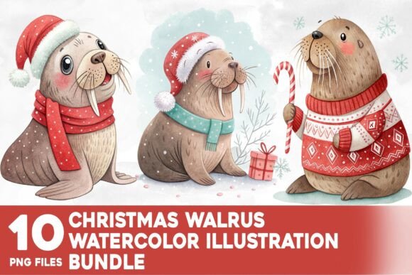 Christmas Walrus Watercolor Bundle Illustrations