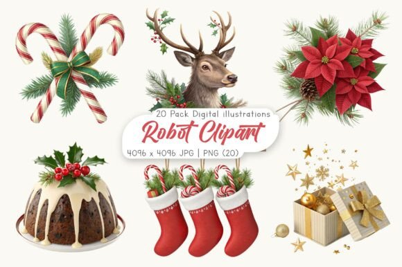 Watercolor Traditional Christmas Clipart for Illustrations