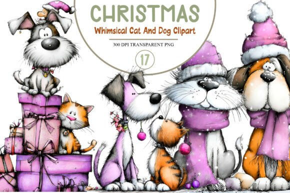 Whimsical Christmas Cat and Dog Clipart for Illustrations